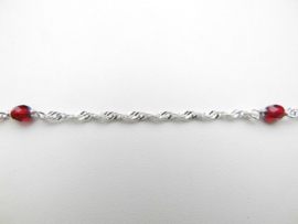 Zilveren rode kralen singapore ketting. (60 cm)