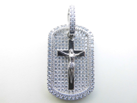 Zilveren kruis op plaat vol gezet met zirkonia steentjes hanger. (Iced Out)