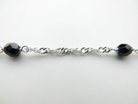 Zilveren baby singapore ketting met zwarte kraaltjes. (medium)