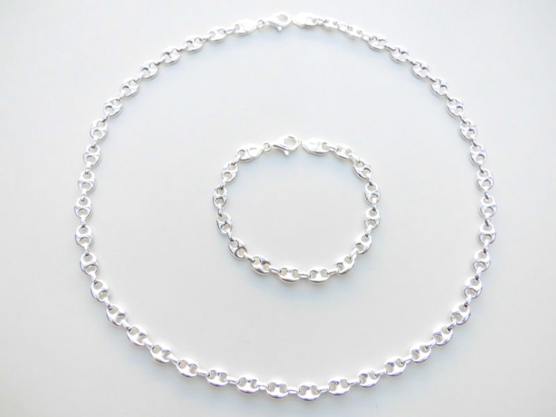 Zilveren setje koffieboon ketting + bracelet (dik) (massief)