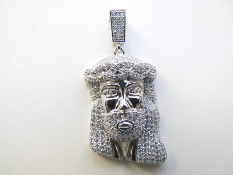 hout Ondeugd Waterig Zilveren Jezus gezicht hanger vol gezet met zirkonia steentjes. | Hangers |  sranangsieraden.nl