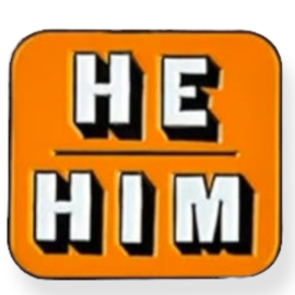 Pin "he\him", geel