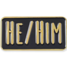 Pin "he/him", zwart