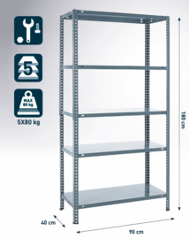 Practo - Metalen Opbergrek - 180x90x40 - 5 Legborden - Grijs