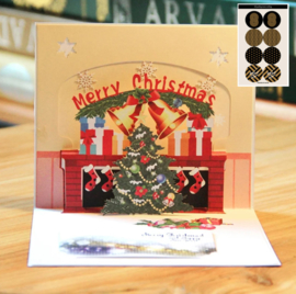 3D Kerstkaart Kerstmis Knus bij de open haard Kerstboom en cadeautjes incl. berichtenpaneel - Incl. Envelop & 8 Feestelijke sluitzegels - Complete set