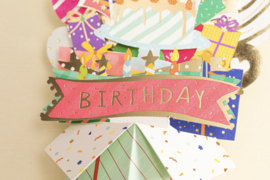 3D verjaardagskaart vol cadeautjes in doos, ballon en confetti
