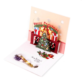 3D Kerstkaart Kerstmis Knus bij de open haard Kerstboom en cadeautjes incl. berichtenpaneel