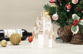 3D Pop up kerstkaart goud witte huizen op een sneeuwheuvel (vanaf 10 stuks)