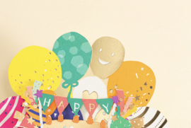 3D verjaardagskaart vol cadeautjes in doos, ballon en confetti