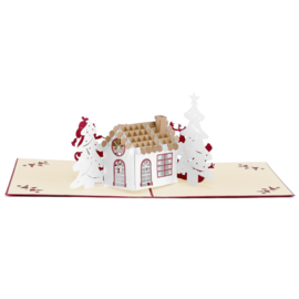 3D Kerstkaart met sneeuwpop en bakstenen huis (5 stuks)