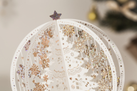 3D Pop up kerstkaart met witte kerstbomen en gouden kerststerren incl. berichtenpaneel (vanaf 10 stuks)