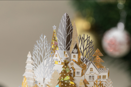 3D Pop up kerstkaart goud witte huizen op een sneeuwheuvel