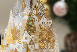 3D Pop up kerstkaart goud witte huizen op een sneeuwheuvel