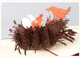 Verhuiskaart -3D liefdesnest vogelnest en vogeltjes pop-up bedankkaart