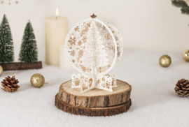 3D Pop up kerstkaart met witte kerstbomen en gouden kerststerren incl. berichtenpaneel (vanaf 10 stuks)