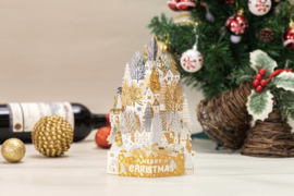 3D Pop up kerstkaart goud witte huizen op een sneeuwheuvel (vanaf 5 stuks)
