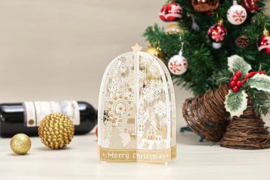 3D Pop up kerstkaart Merry Christmas met sneeuwvlokken en gouden kerststerren