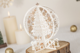 3D Pop up kerstkaart met witte kerstbomen en gouden kerststerren incl. berichtenpaneel