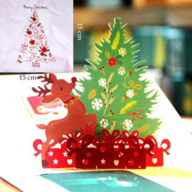 3D Kerstkaart met pop up Grote kerstboom Arrenslee Hertje en Cadeautjes Merry Christmas incl. berichtenpaneel