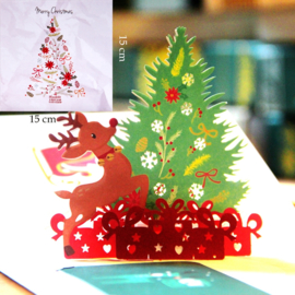 3D Kerstkaart met pop up Grote kerstboom Arrenslee Hertje en Cadeautjes Merry Christmas (vanaf 5 stuks)