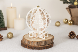 3D Pop up kerstkaart met witte kerstbomen en gouden kerststerren incl. berichtenpaneel
