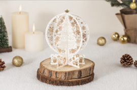 3D Pop up kerstkaart met witte kerstbomen en gouden kerststerren incl. berichtenpaneel (vanaf 5 stuks)