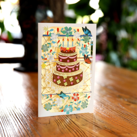 Luxe pop up  Verjaardagskaart met 3 laags verjaardagstaart bloemen en vlinders