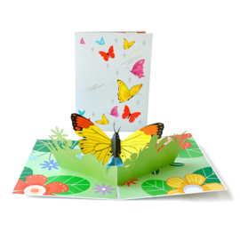 Pop up gelukskaart vlinder op bloemen wenskaart felicitatie vrijheid uitnodiging