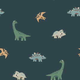 Aqua protect stof digitaal bedrukt Dinosaurussen petrol
