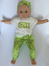 Baby meisjes set 3 delig "Love" in de kleur Lime bestaande uit een t-shirt, broek en haarband