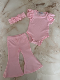 Baby meisjes 3 delige ribset met ruffle mouwtjes "Roze"