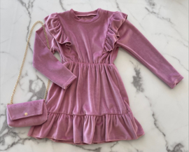 Meisjes jurk velours met bijpassend tasje "Roze"