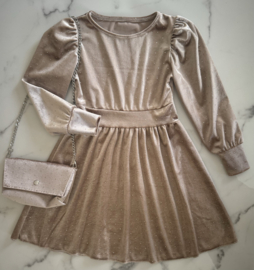 Meisjes glitter jurkje velours met steentjes "Beige/Goud" met bijpassend tasje
