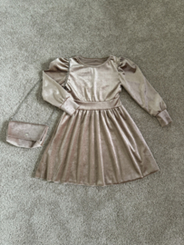 Meisjes glitter jurkje velours met steentjes "Beige/Goud" met bijpassend tasje