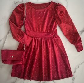 Meisjes glitter jurk velours met steentjes "Rood" met bijpassend tasje