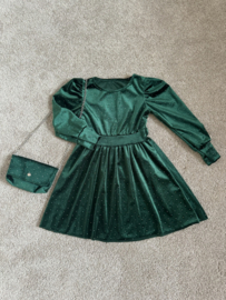 Meisjes glitter jurk velours met steentjes "Groen" met bijpassend tasje