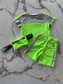 Baby jongens sport set 3 delig "Lime groen" bestaande uit een t-shirt, korte broek en een heuptasje