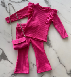 Baby/peuter 3 delig meisjes setje "Roze" bestaande uit een flared pants, trui en een bijpassend tasje