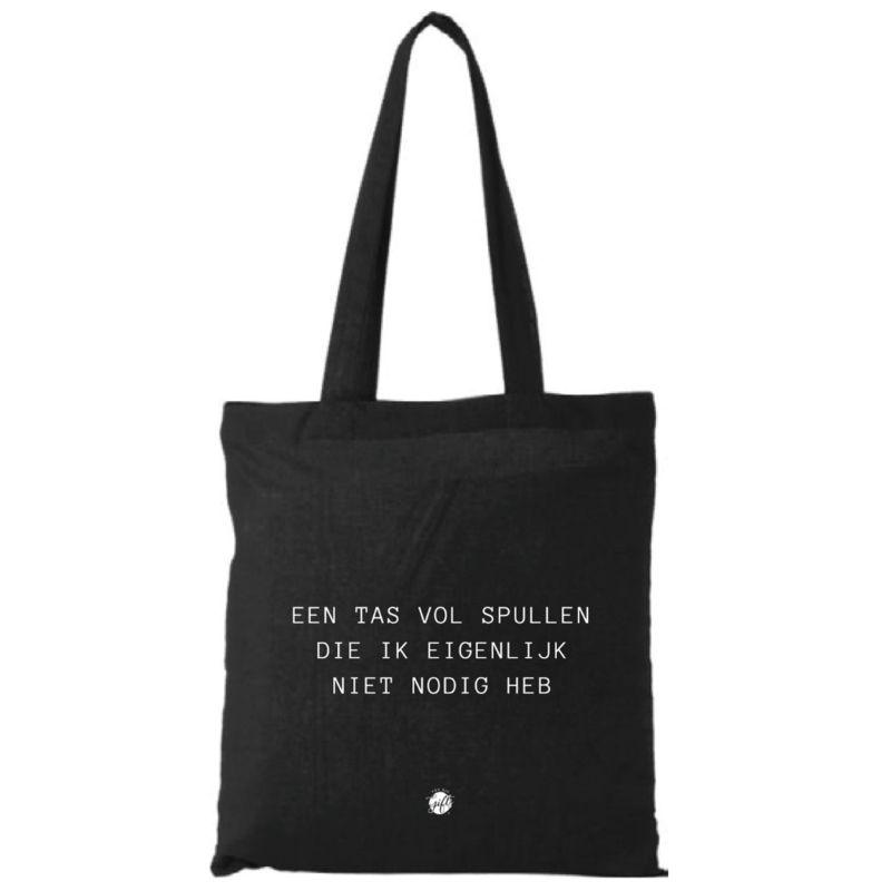 Zwarte katoenen tas met tekst 'Een tas vol met spullen'
