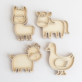 Houten minispeeltrayset -Boerderijdieren (Lama, paard, geit & gans)