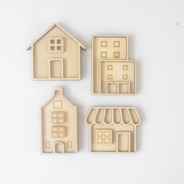 Houten speeltray miniset - Huisjes -