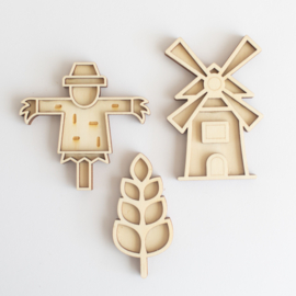 Houten minispeeltrayset - Molen, graan, vogelverschrikker