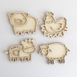 Houten minispeeltrayset -Boerderijdieren (Varken, schaap, koe & kip)