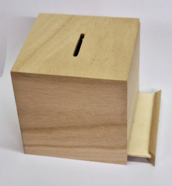 Houten spaarpot met tekst