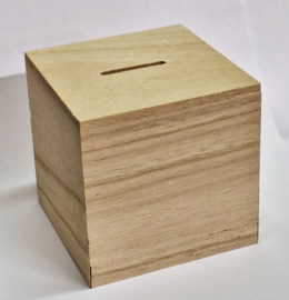 Houten spaarpot met tekst