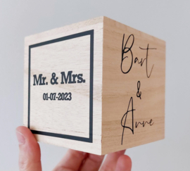 Houten spaarpot met tekst