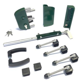 Slotset voor dubbele tuinpoort met GAAS vulling met doorboorscharnieren - RAL6009 Art. nr. SLOTSET6009TPD Bekijk inhoud van het pakket  prijs per Stuk(s) excl. BTW