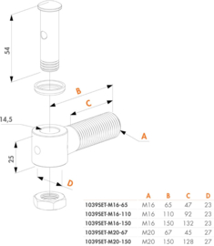 Oogbout en dwarsbout voor 1036-M16 U-beugel - Lengte 150 mm Art. nr. 1039SETM16150