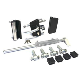 Slotset voor dubbele tuinpoort met DSM vulling met 90° scharnieren - verzinkt Art. nr. SLOTSVVDP90GR Bekijk inhoud van het pakket prijs per Stuk(s) excl. BTW