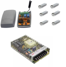 10x set 2 kanaals ontvanger en 6x Quiko Roling code zenders en 24v voeding. (roling code=beter beveiligd dan fixed code.) multicode-ontvanger.Art. 1x 4010  1x 2415 en 6x 4008  €132,95 p/st. (QU)